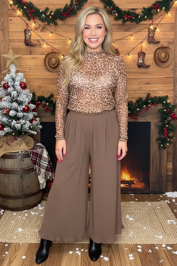 Brown ruffle wide leg pants