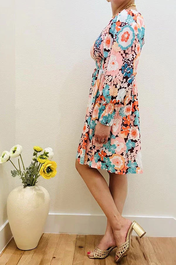 Multi Color Floral Print Shirred Long Sleeve Women’s Dress