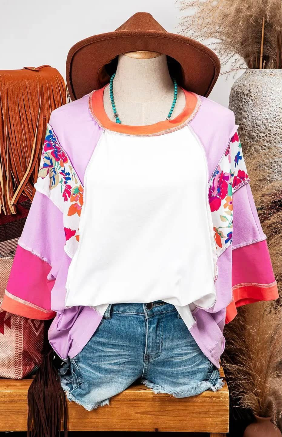 Floral Color Block Patchwork Top