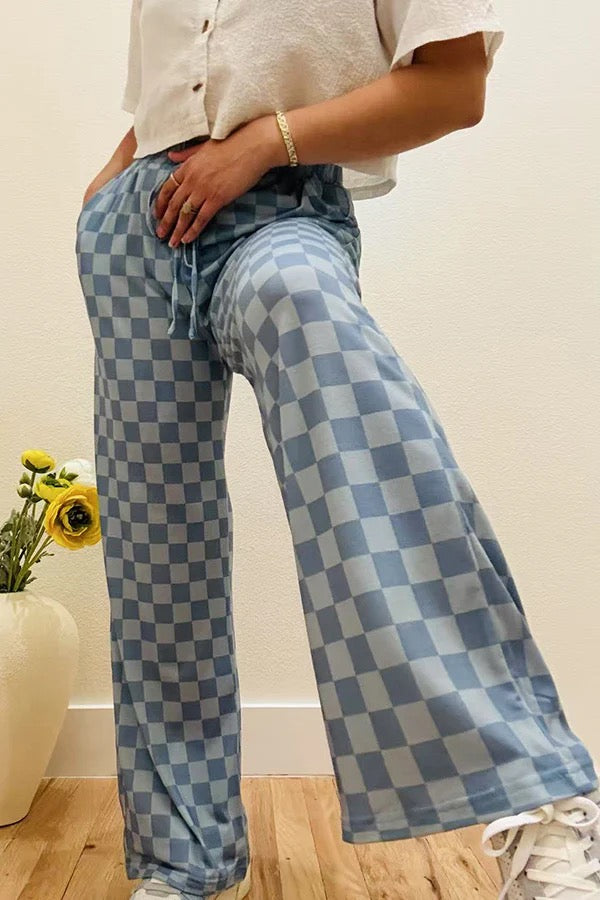 Sky Blue Loose Style Checkered Pants