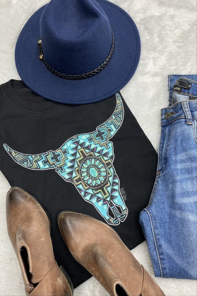 Turquoise Aztec Bull Skull