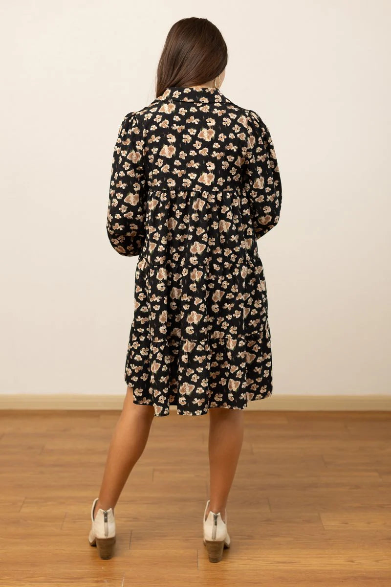 Abstract Floral Tiered Dress-Black