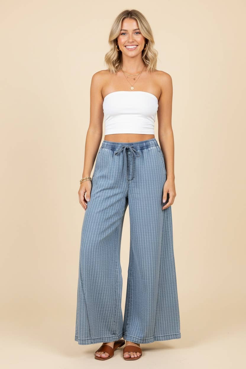HP40115 Pinstripe wide leg drawstring pants
