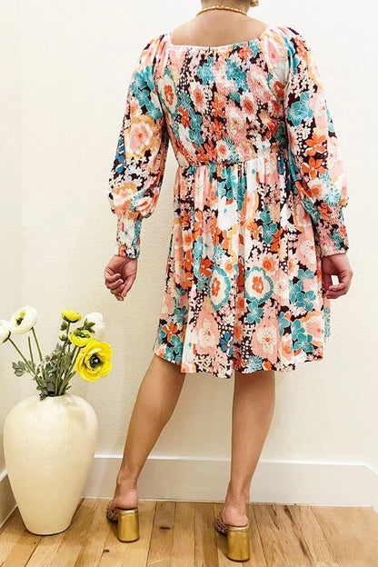 Multi Color Floral Print Shirred Long Sleeve Women’s Dress