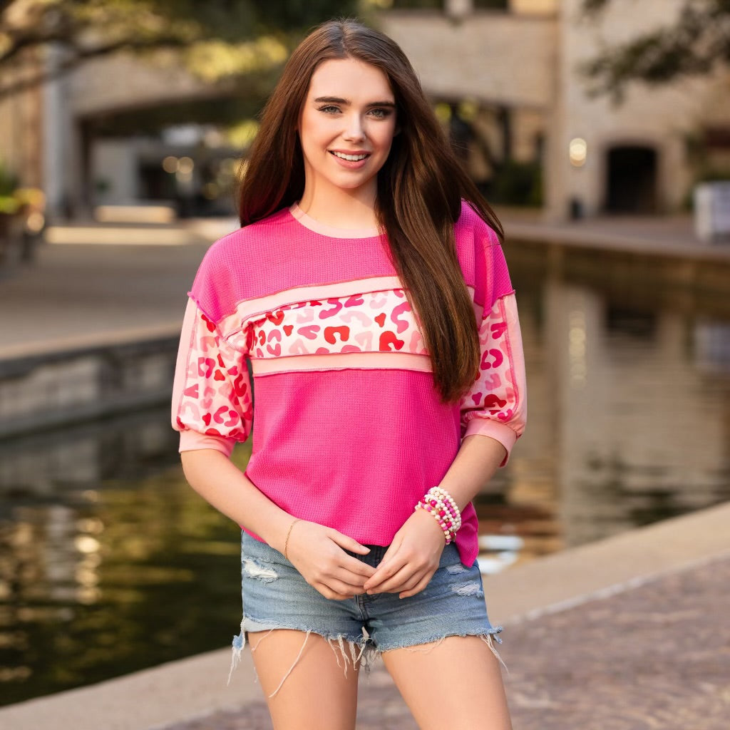 Pink Leopard Color Block Top