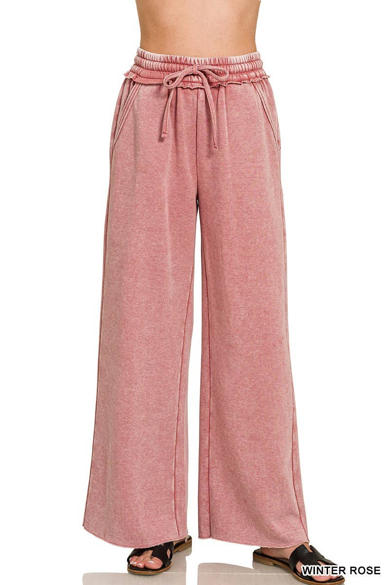 Acid Wash Fleece Palazzo Sweatpants With Pockets