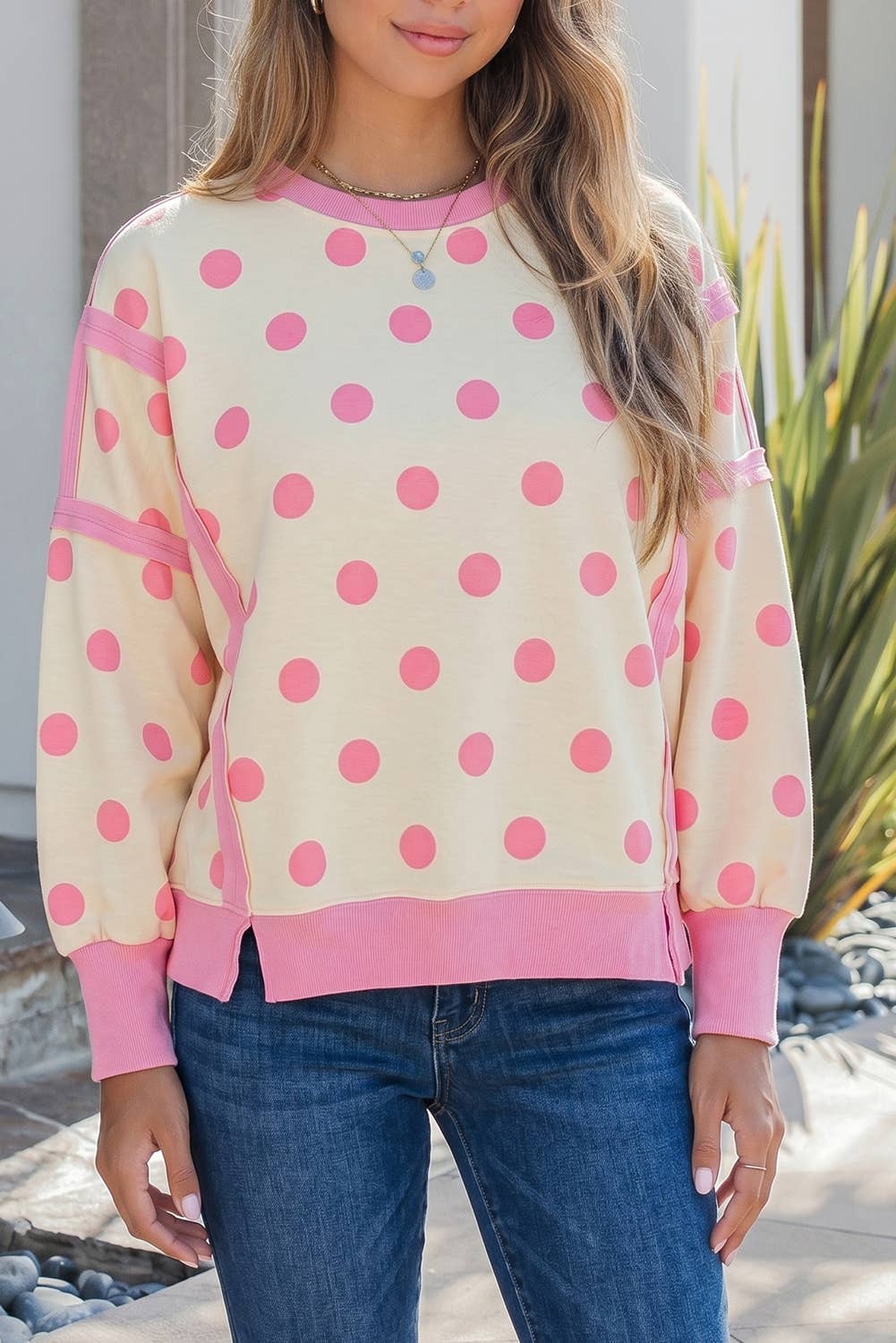 Polka Dots Patchwork Long Sleeve Round Neck Sweatshirt