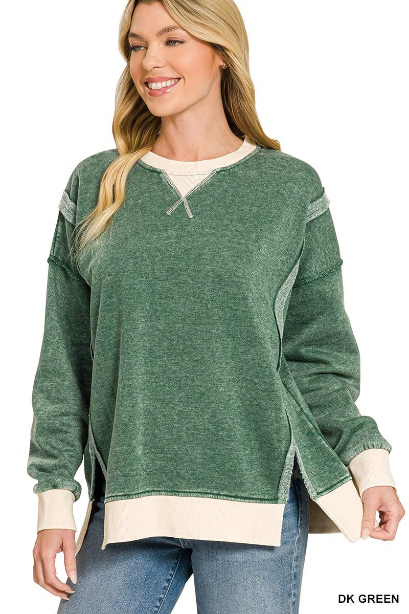 Fleece Acid Washed Contrast Trim Pullover