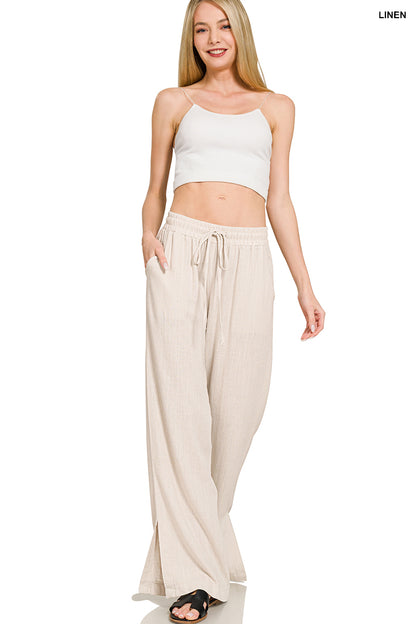 Linen Wide-Leg Drawstring Pants – Sand Beige