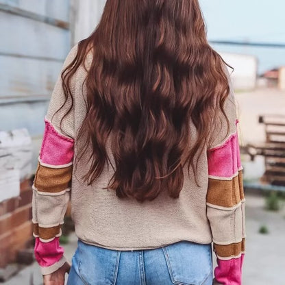 Simply Taupe Colorblock Exposed Seam Round Neck Sweater