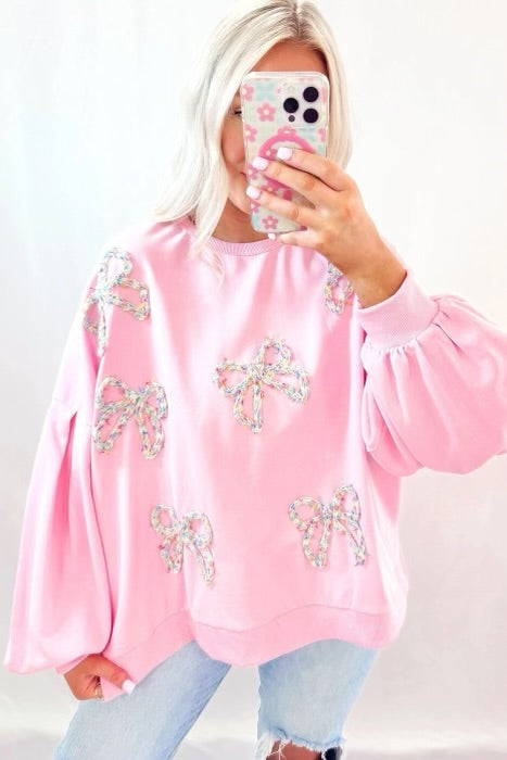 Embroidered Bow Sleeve Oversized Pullover Sweatshirt