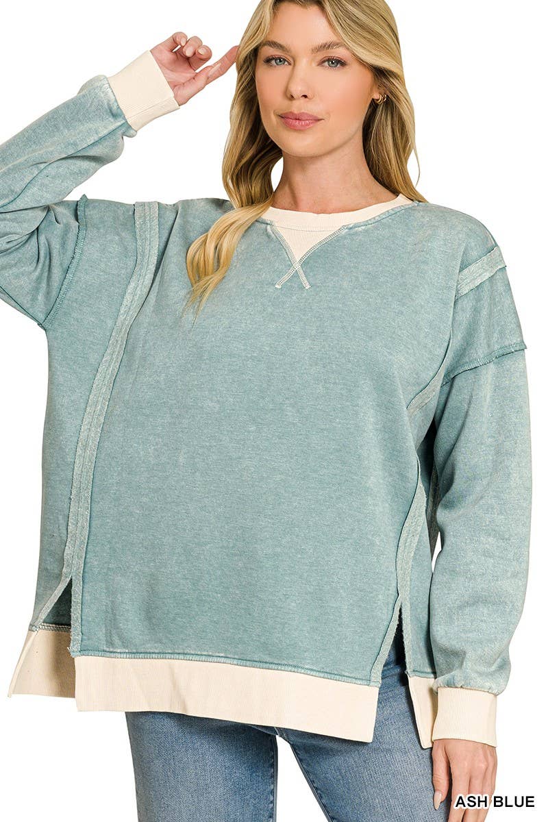 Fleece Acid Washed Contrast Trim Pullover