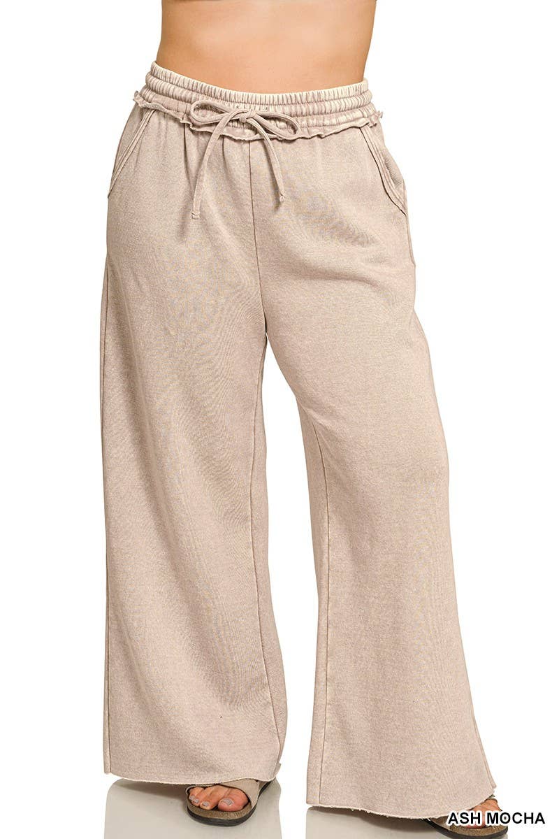 Plus Acid Wash Fleece Palazzo Sweatpants With Pockets