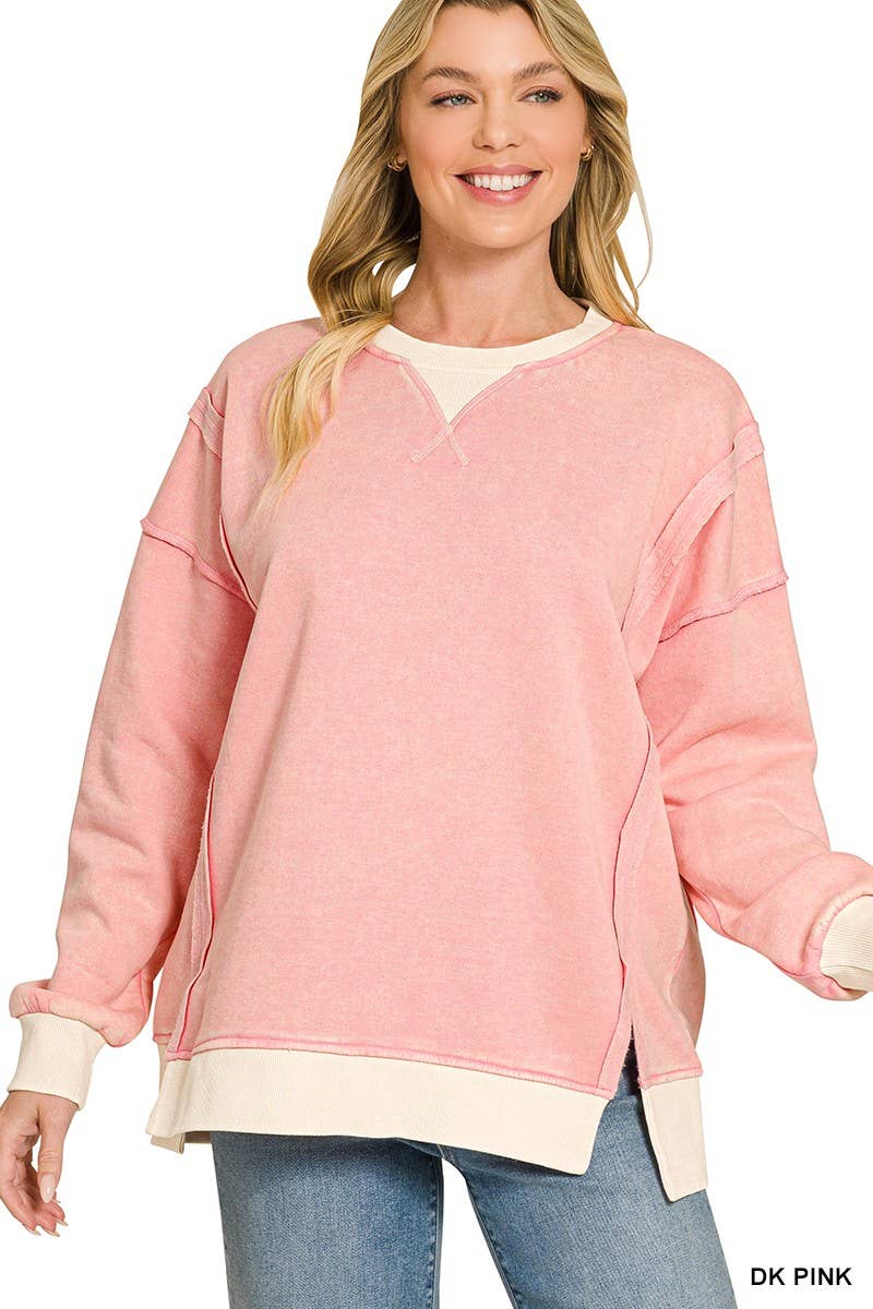 Fleece Acid Washed Contrast Trim Pullover