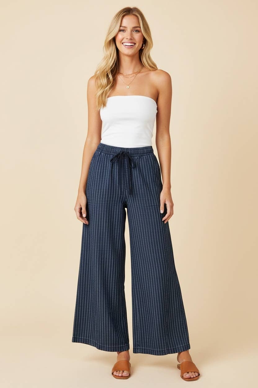 HP40115 Pinstripe wide leg drawstring pants