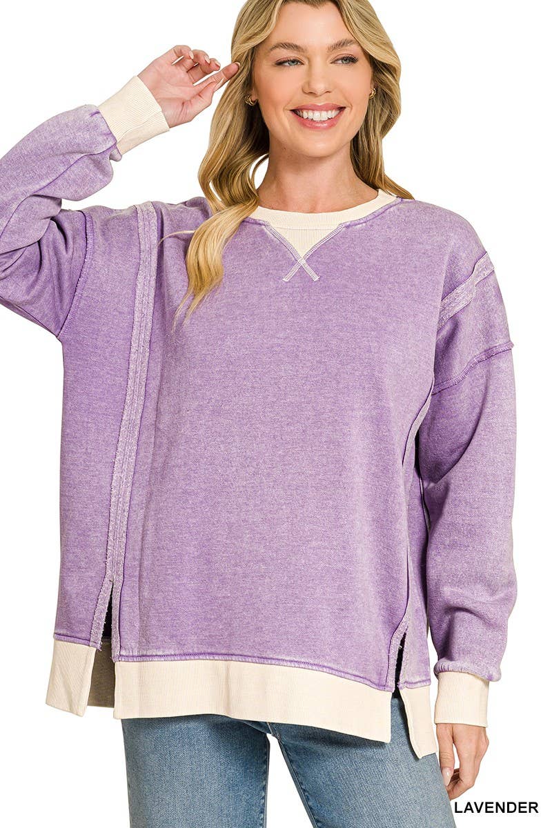 Fleece Acid Washed Contrast Trim Pullover