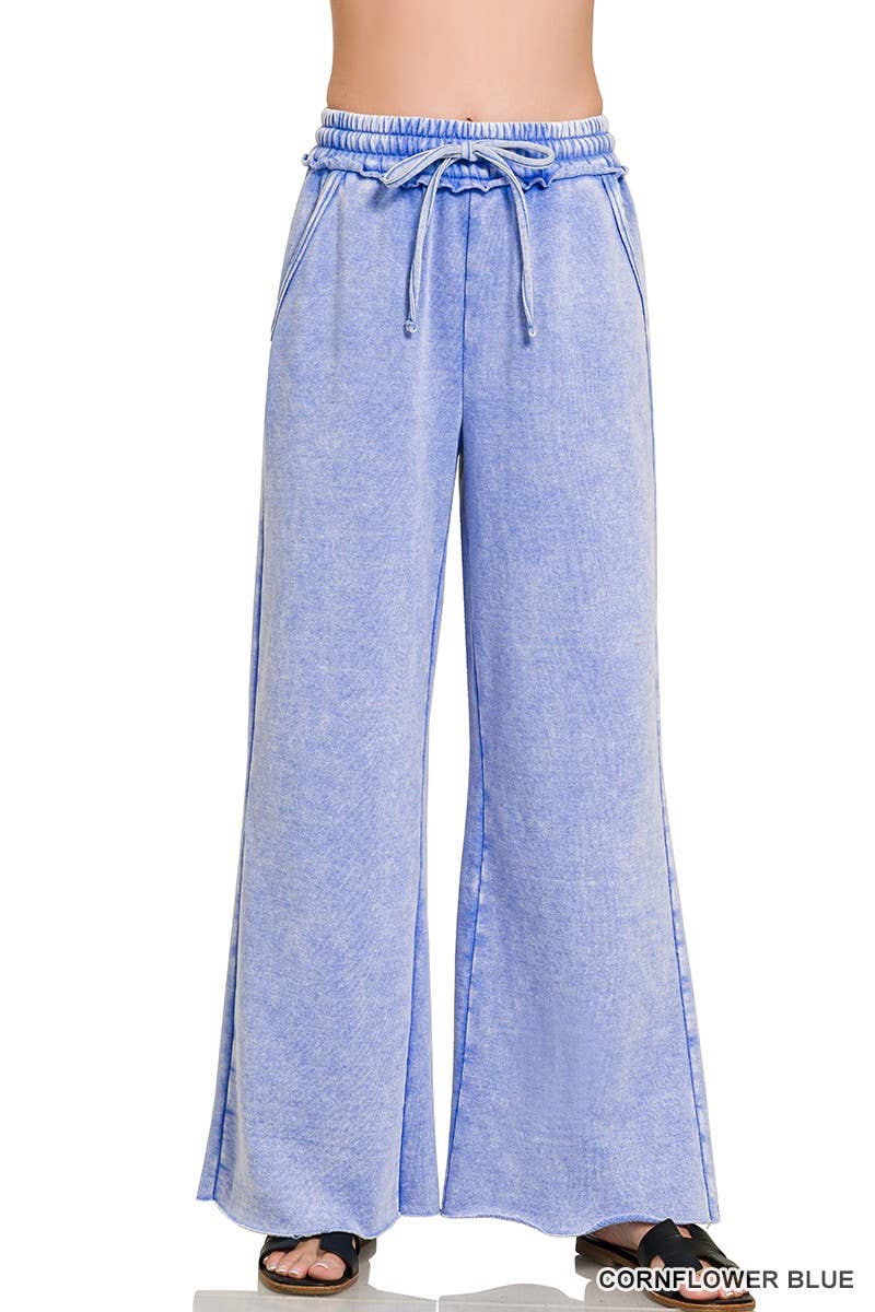 Acid Wash Fleece Palazzo Sweatpants With Pockets