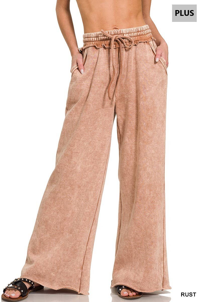 Plus Acid Wash Fleece Palazzo Sweatpants With Pockets