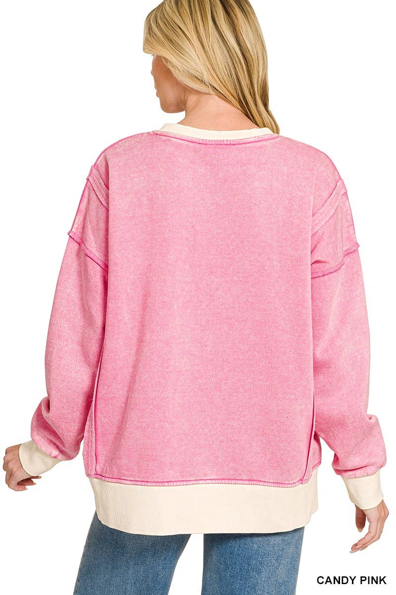Fleece Acid Washed Contrast Trim Pullover