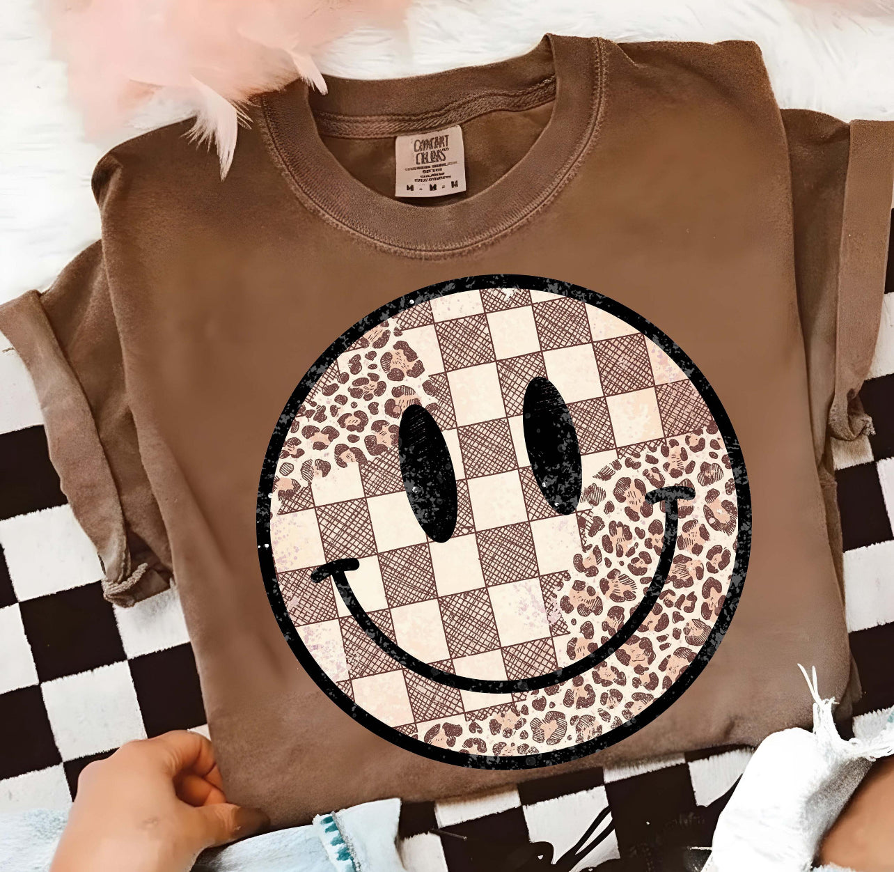 Smiley Leopard Checkered Graphic Tee