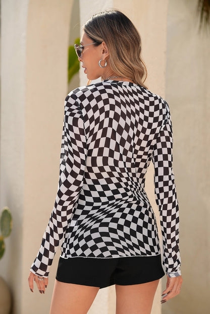Mesh Swirl Checkered Mock Neck Top