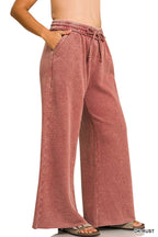 Plus Acid Wash Fleece Palazzo Sweatpants With Pockets