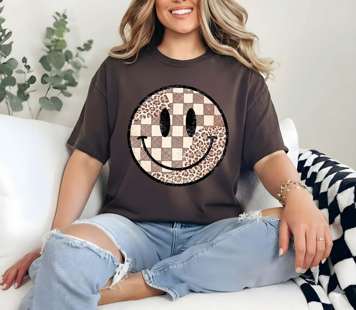 Smiley Leopard Checkered Graphic Tee