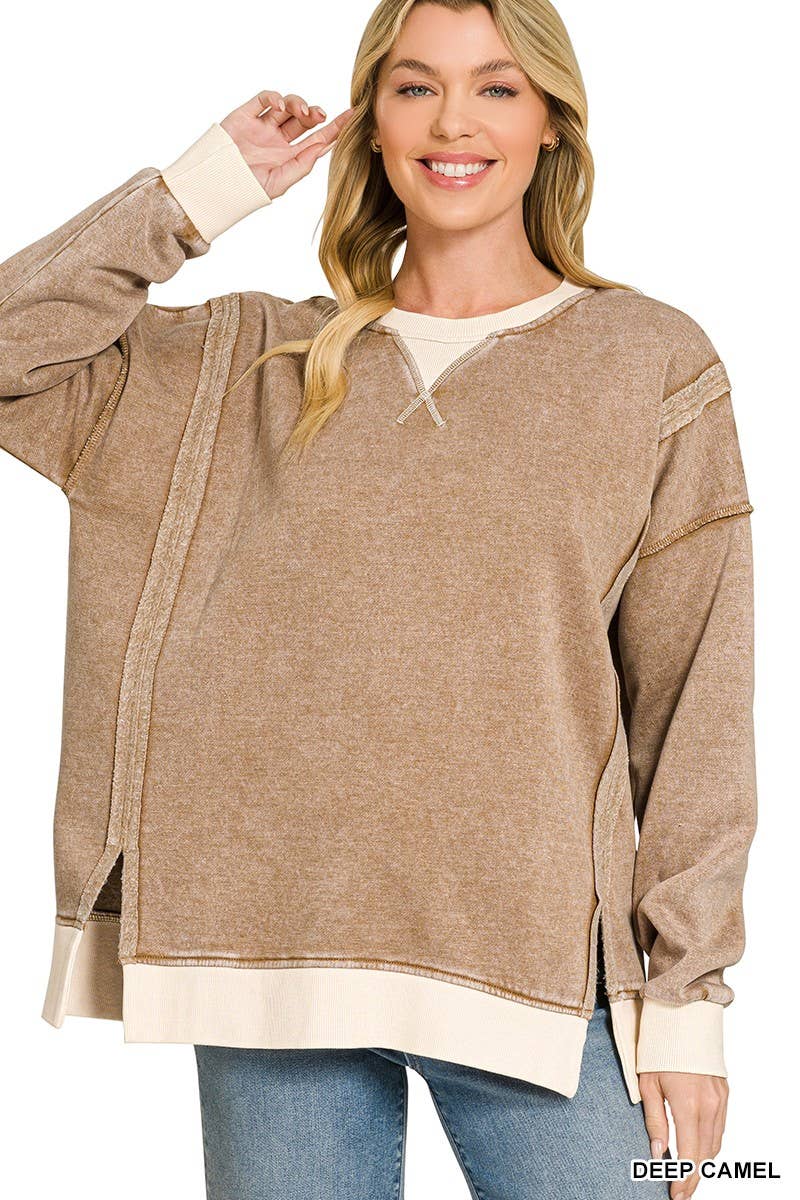 Fleece Acid Washed Contrast Trim Pullover