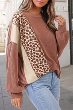 Leopard Print Colorblock Ribbed Knit Pullover Top | S-XL