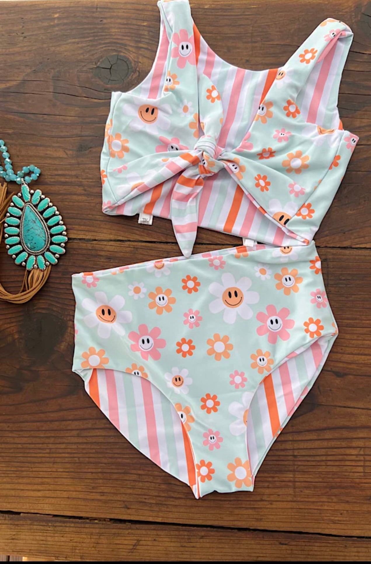 Emoji Flowers Two Piece Girls Swimsuit