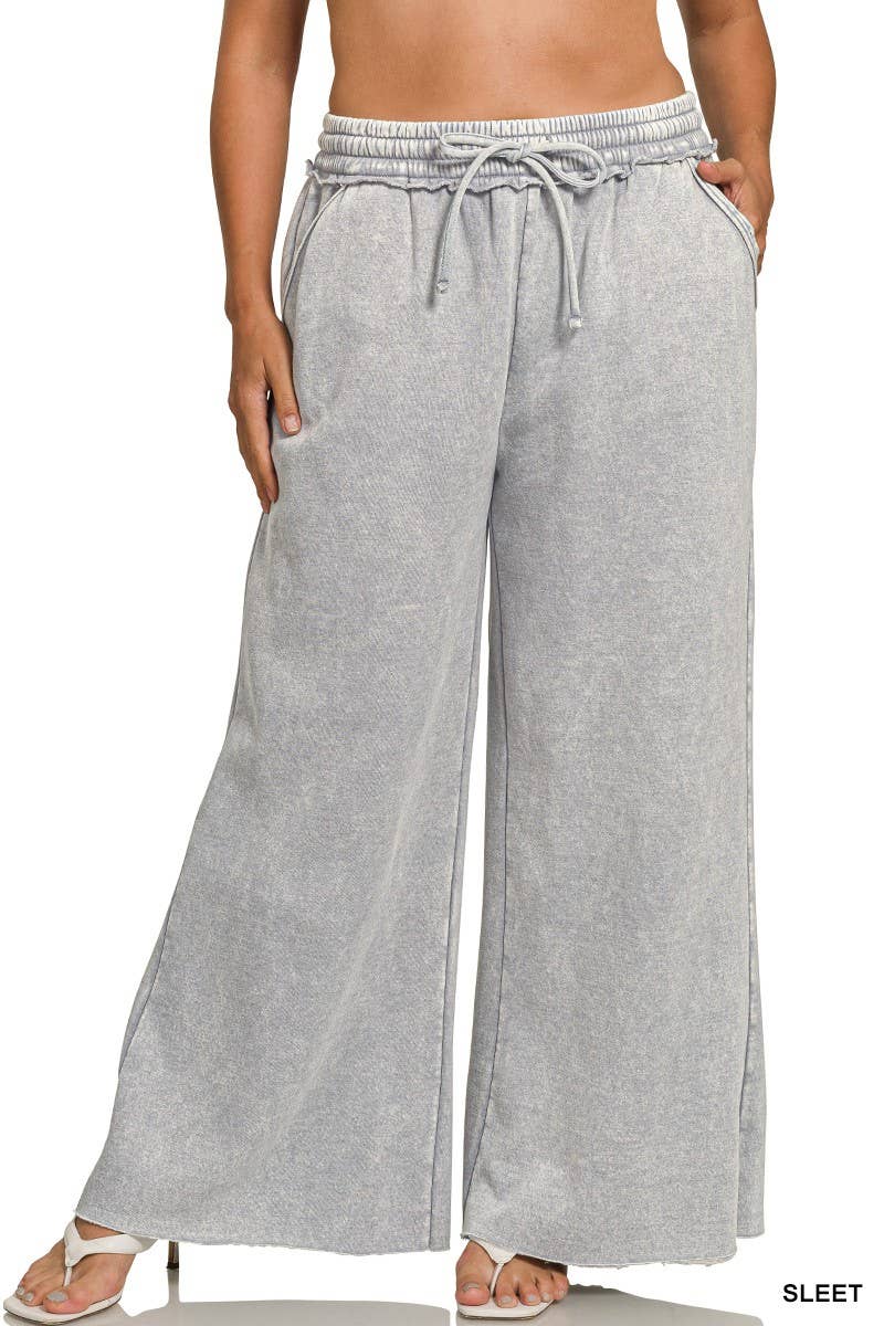 Plus Acid Wash Fleece Palazzo Sweatpants With Pockets