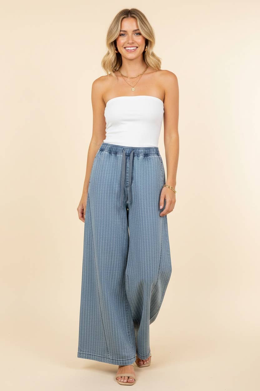 HP40115 Pinstripe wide leg drawstring pants