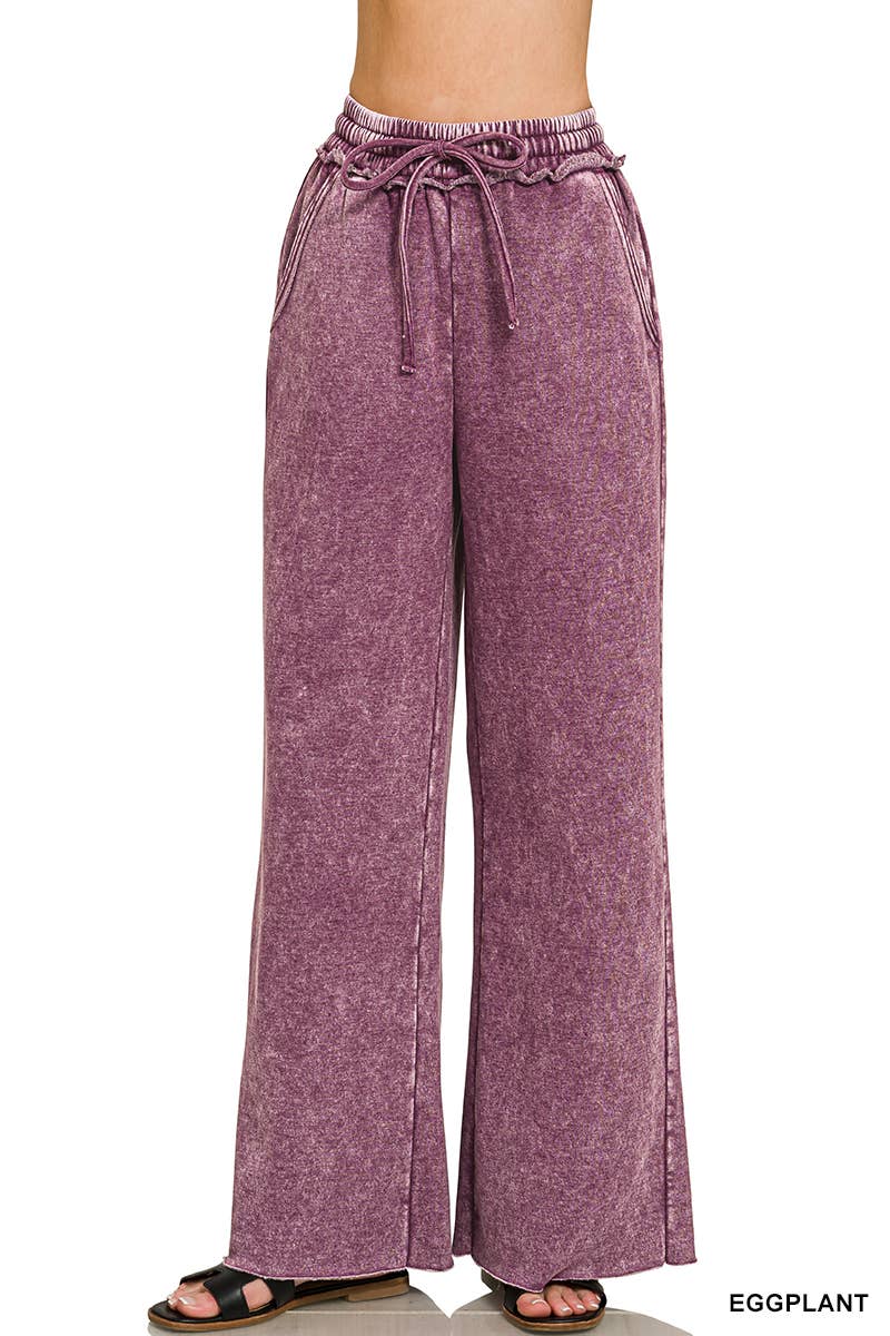 Acid Wash Fleece Palazzo Sweatpants With Pockets