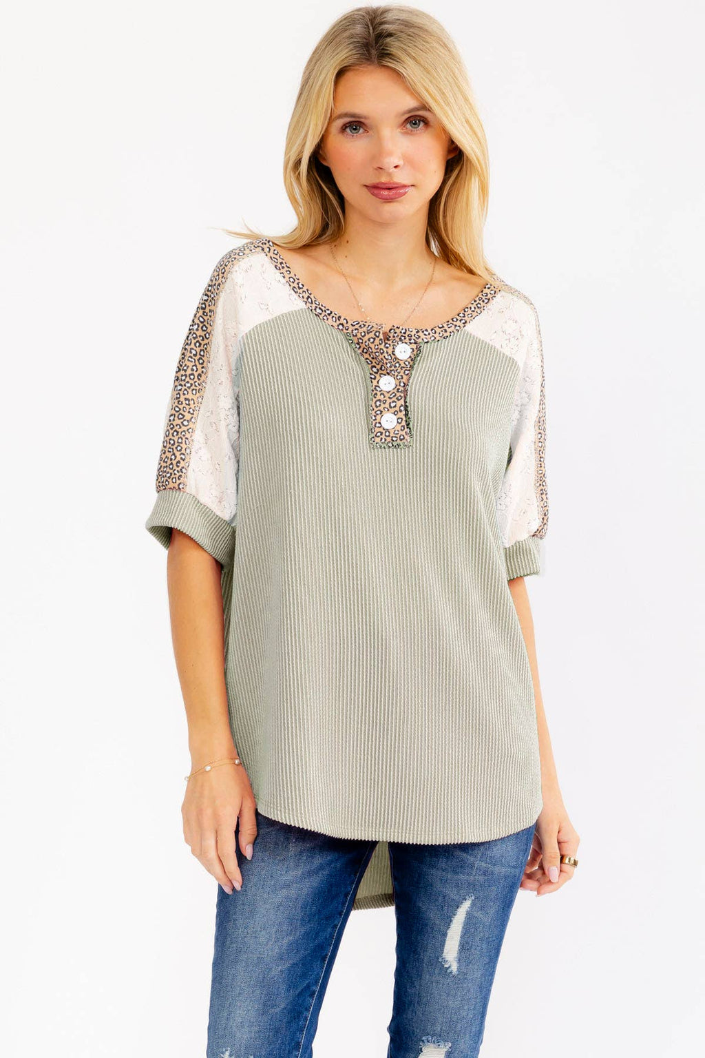 Leopard Print Lace Contrast Henley Top