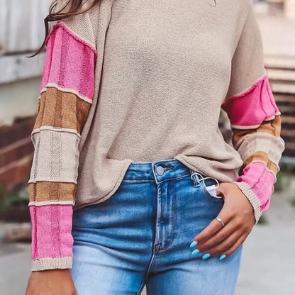 Simply Taupe Colorblock Exposed Seam Round Neck Sweater