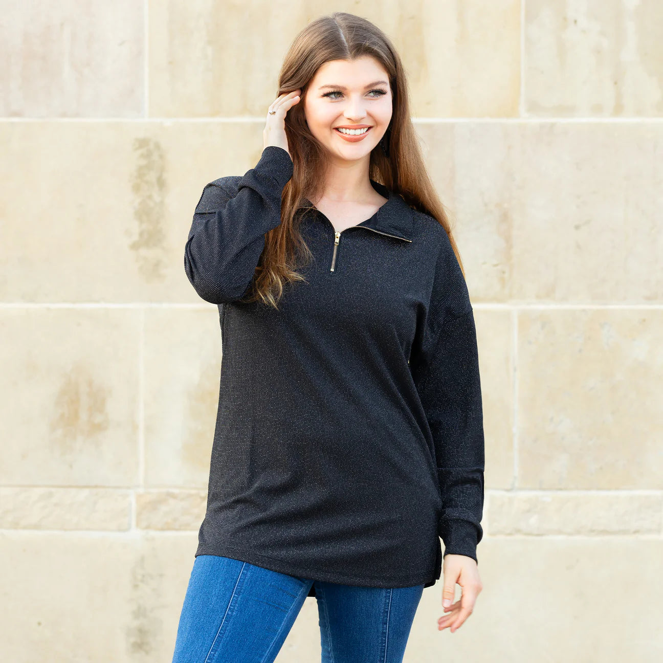 Sparkly Half Zip Pullover-Black, Red