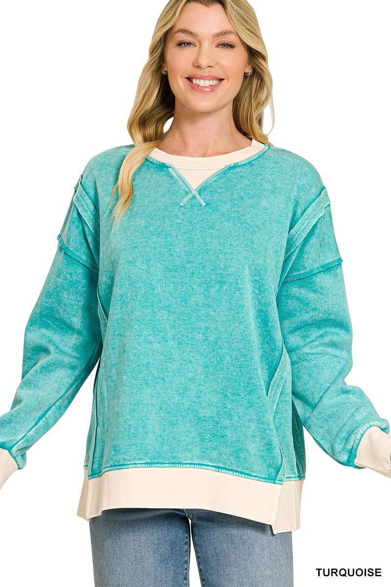 Fleece Acid Washed Contrast Trim Pullover