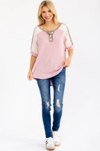 Leopard Print Lace Contrast Henley Top