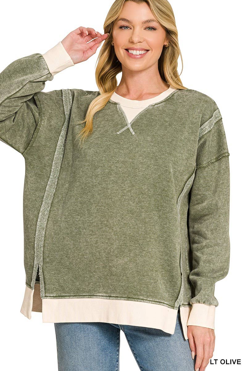 Fleece Acid Washed Contrast Trim Pullover