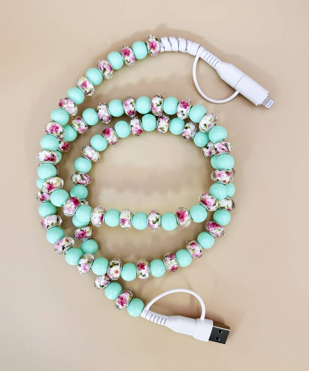 FLOWER BEADED PHONE CHARGING CABLE 4-IN-1  TURQUOISE