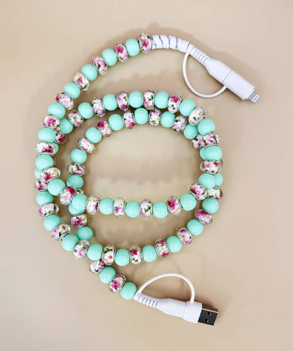 FLOWER BEADED PHONE CHARGING CABLE 4-IN-1  TURQUOISE