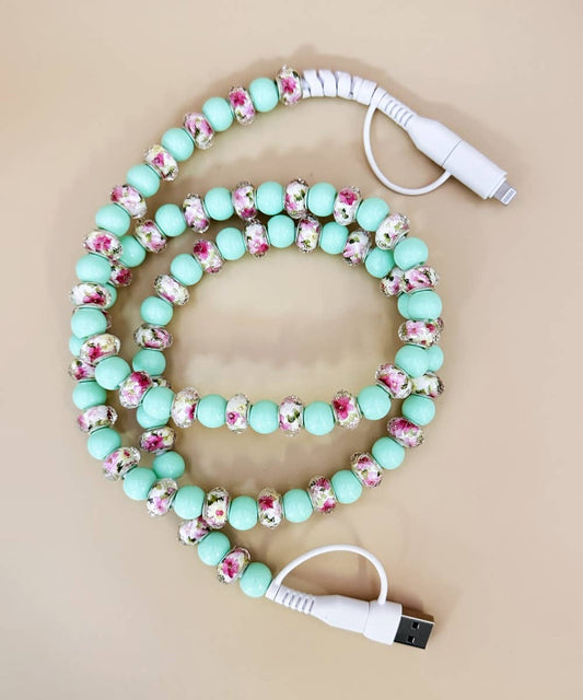 FLOWER BEADED PHONE CHARGING CABLE 4-IN-1  TURQUOISE