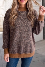 Leopard Mock Neck Ribbed Cuffs Hem Sweatshirt
