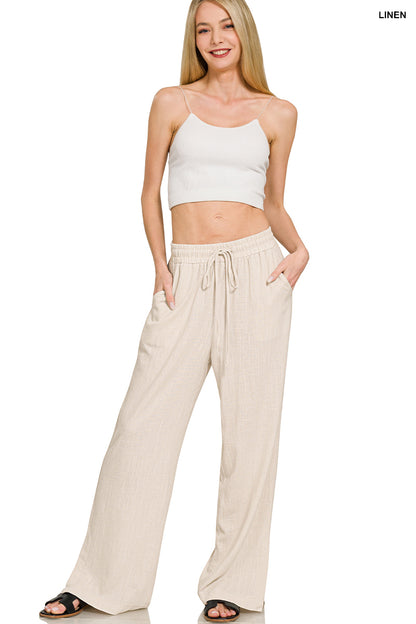 Linen Wide-Leg Drawstring Pants – Sand Beige