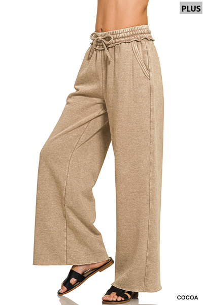 Plus Acid Wash Fleece Palazzo Sweatpants With Pockets