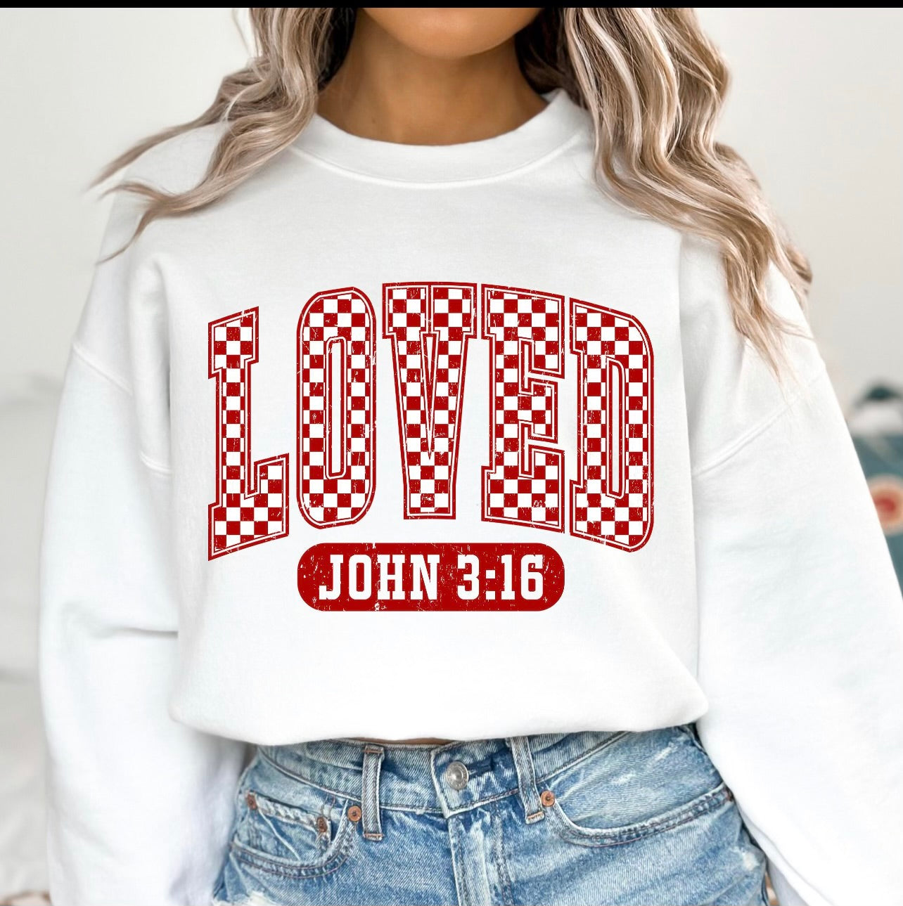 Checkered LOVED (John 3:16) Graphic Sweatshirt