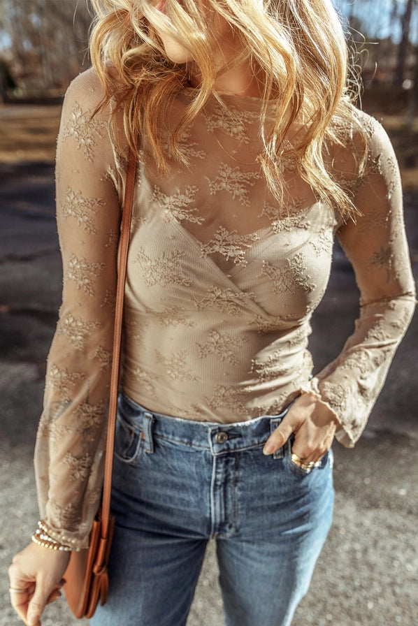 Beige Lace Mesh Long Sleeve w/ Tank