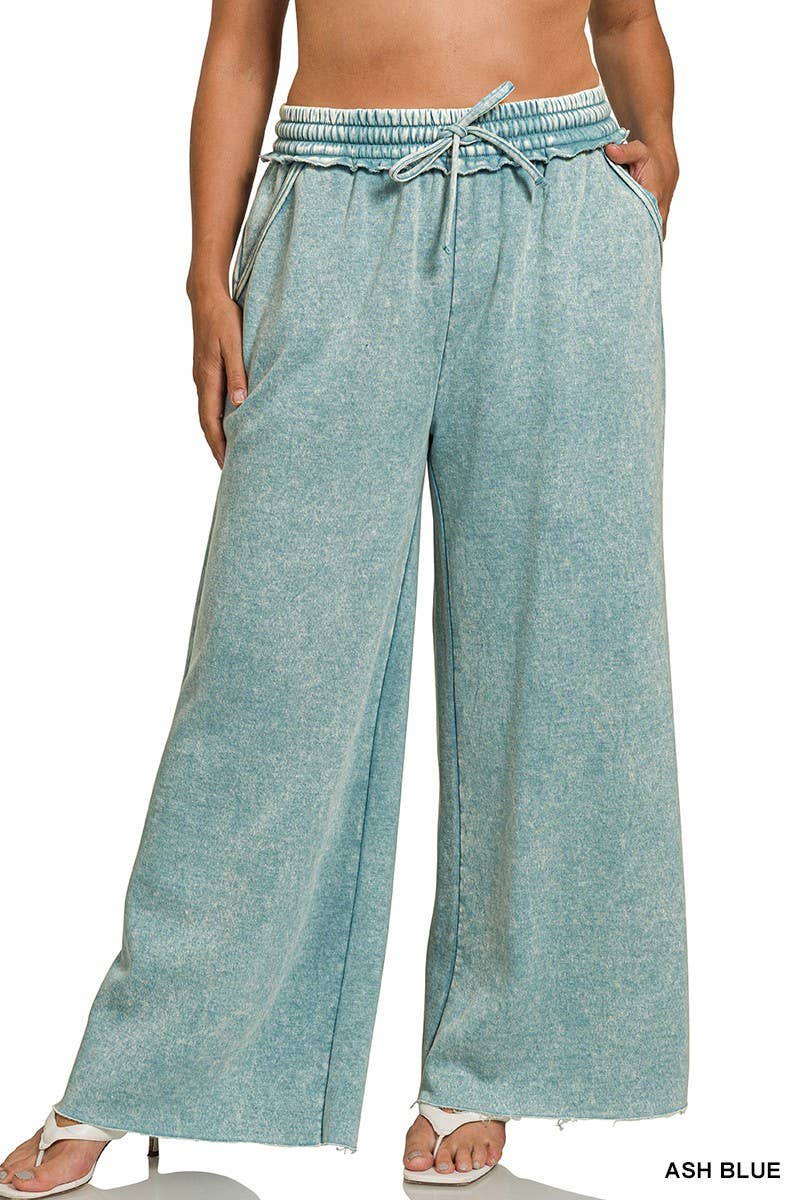 Plus Acid Wash Fleece Palazzo Sweatpants With Pockets