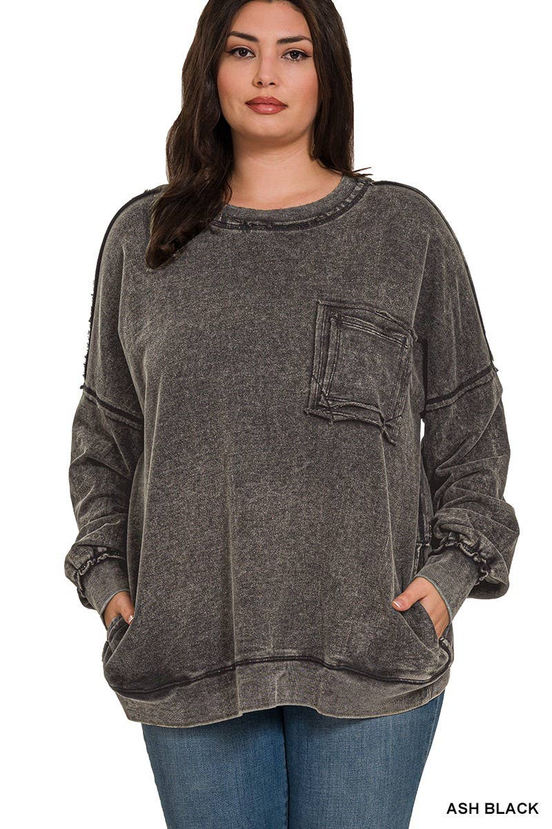 Zenana Terry Acid Wash Long Sleeve
