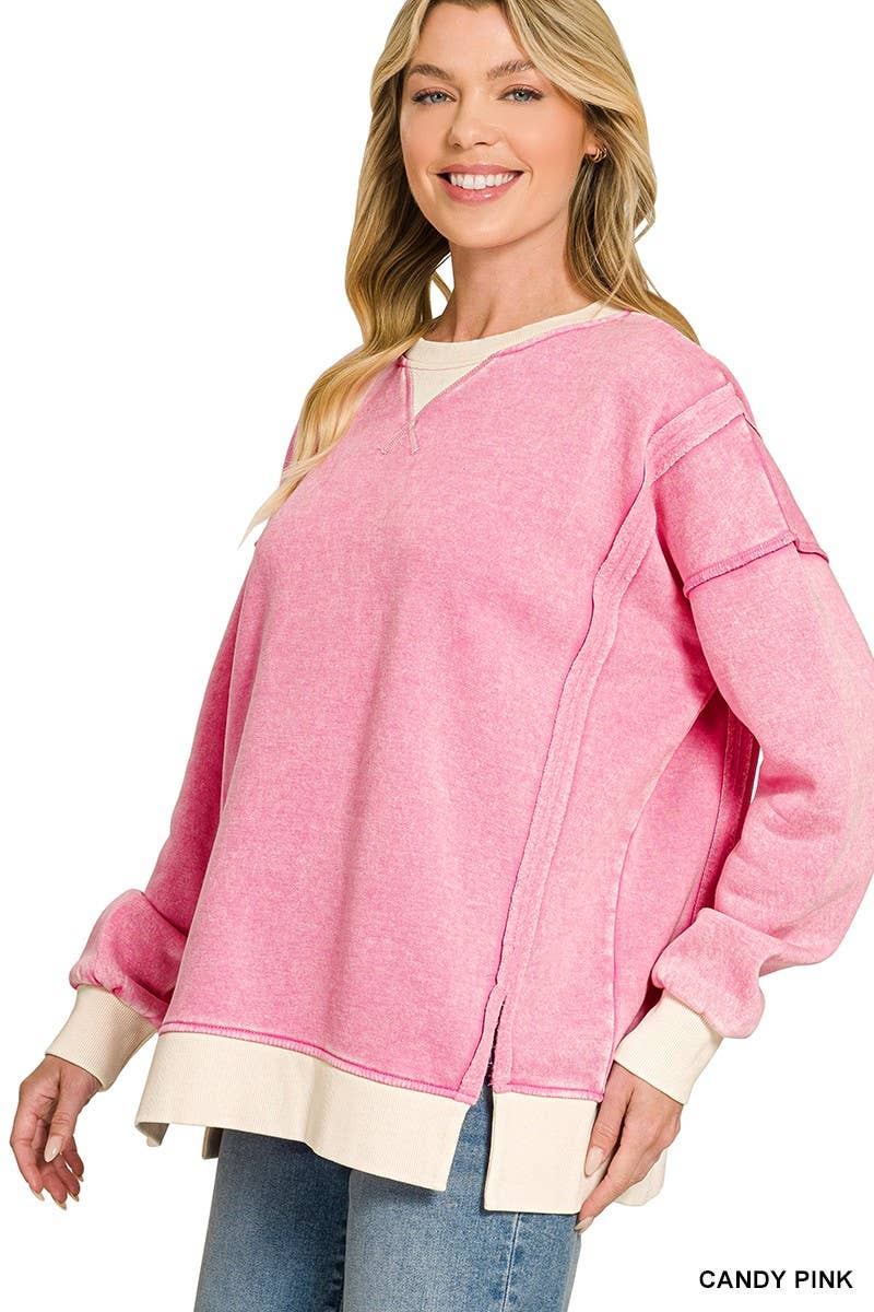 Fleece Acid Washed Contrast Trim Pullover